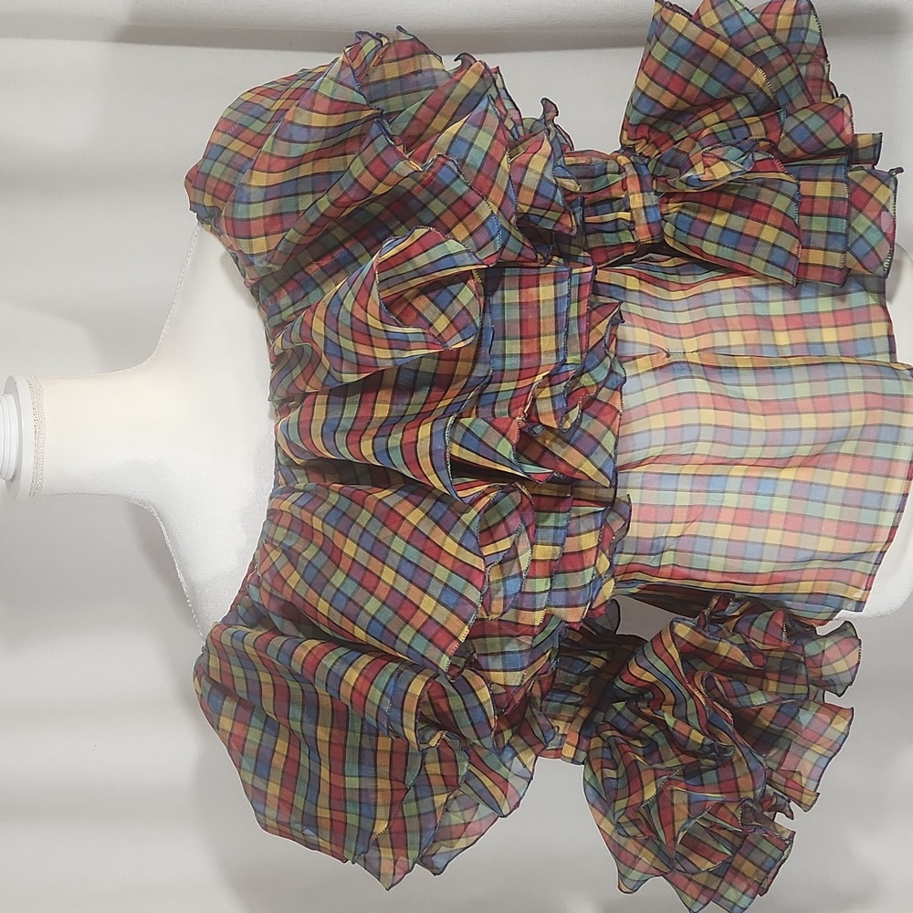 70s LEI DI LANCETTI plaid blouse 44 Vintage Off Shoulder 3/4 Slv Tiered top M/L